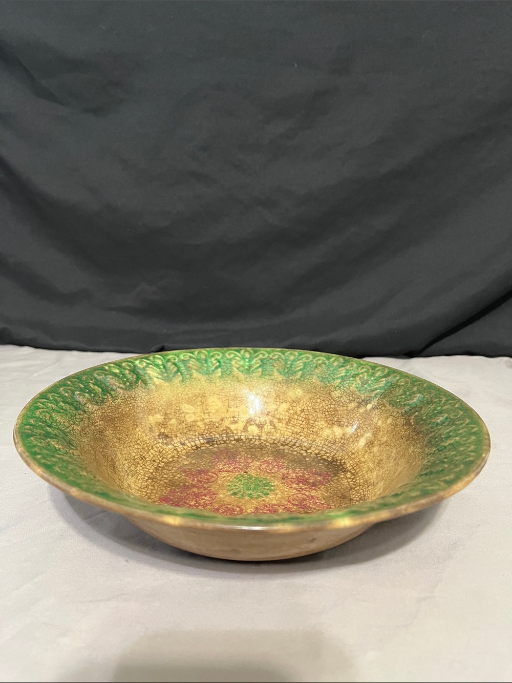 Decorative Green and Gold Crackle Glazed Bowl